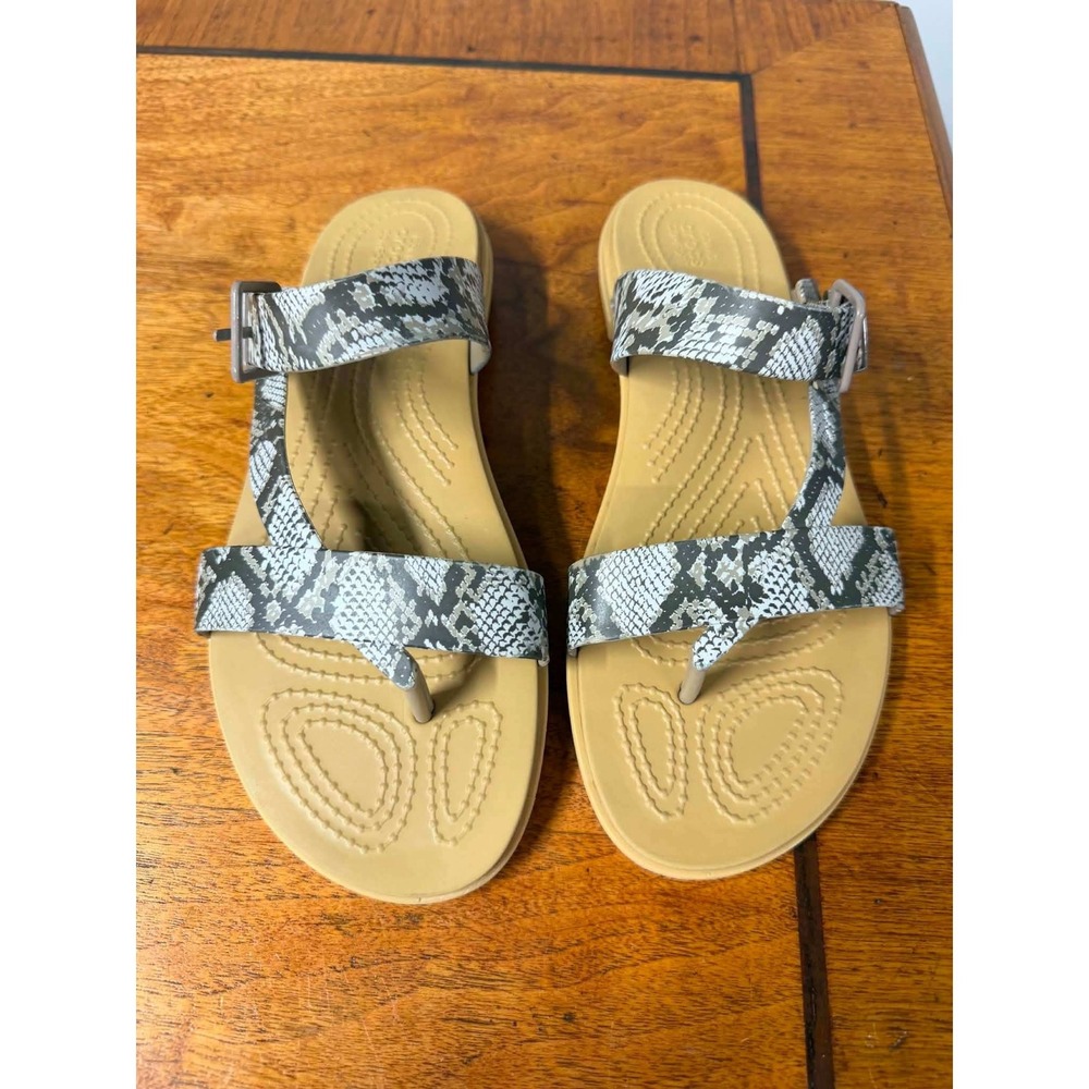 Crocs Womens 7 Gray Snakeskin Strappy Sandals Iconic Comfort Animal Print Buckle